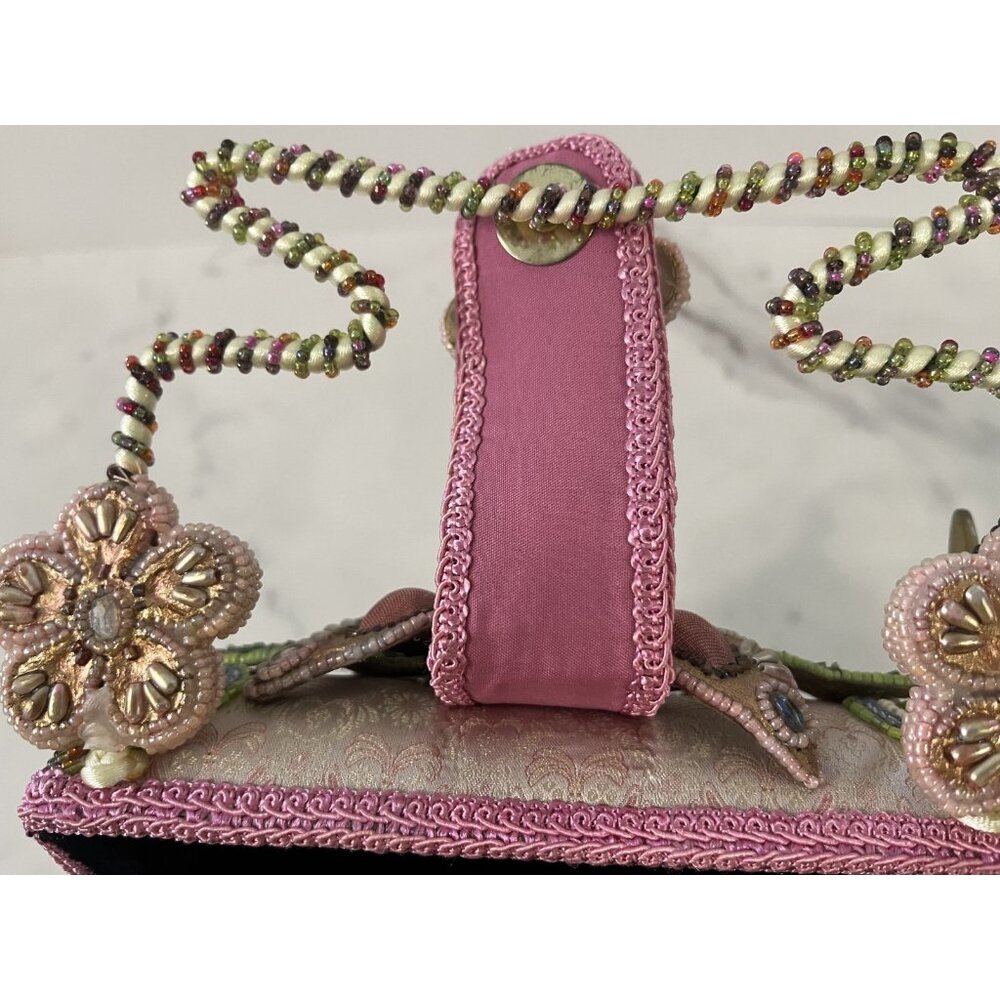 Mary Frances Beaded Floral Handbag With Intricate Embroidery Pink & Green Accent - Picture 10 of 16